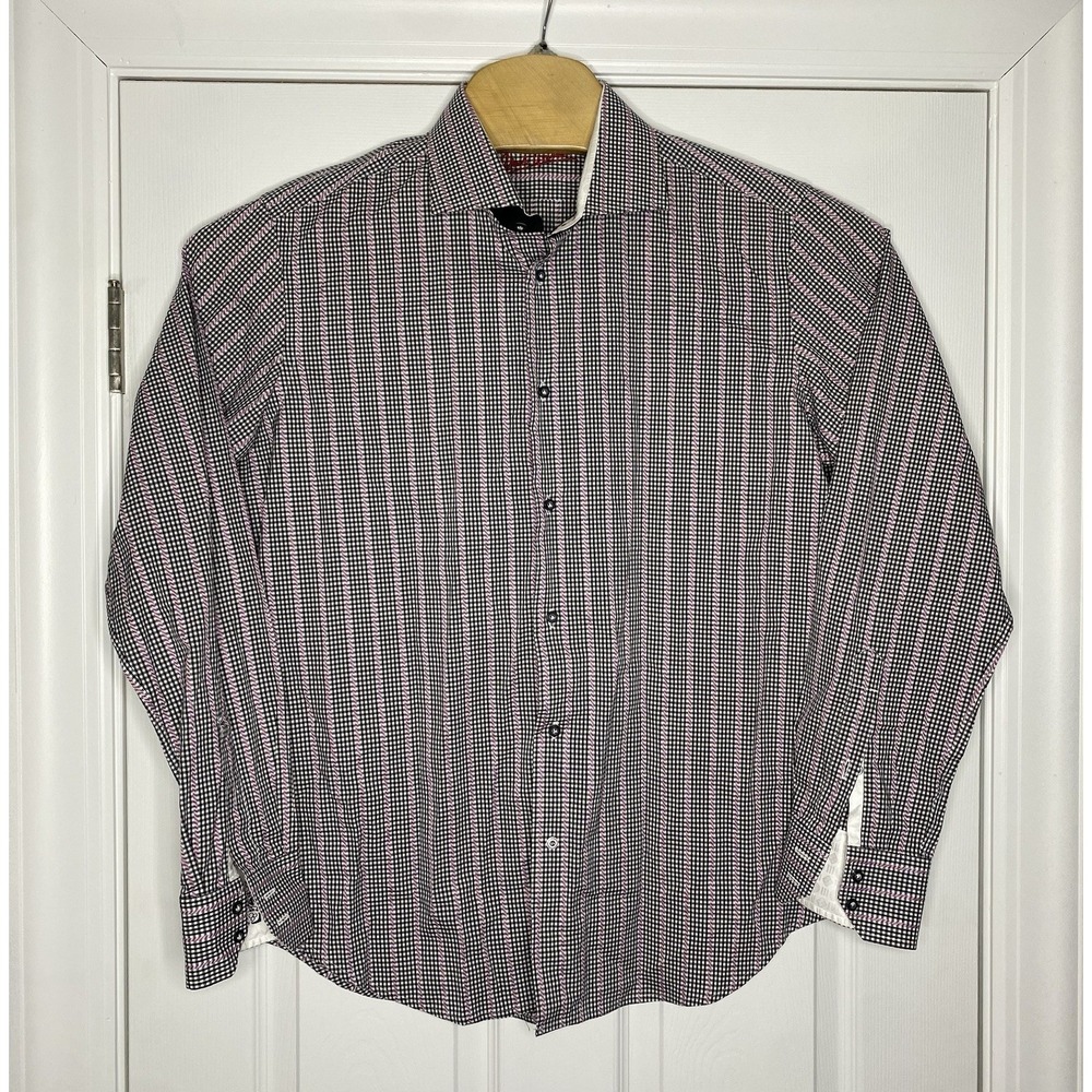 Robert‎ Graham Mens Flip Cuff Button Front Shirt Black White Pink 42 16.5 Large